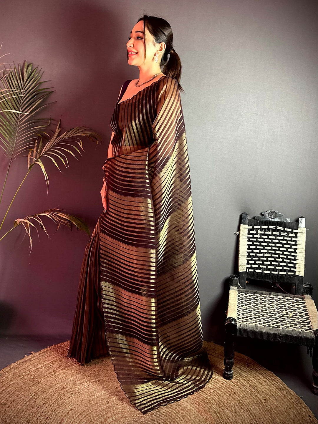 Radiant Gold Zari Striped Chiffon Saree