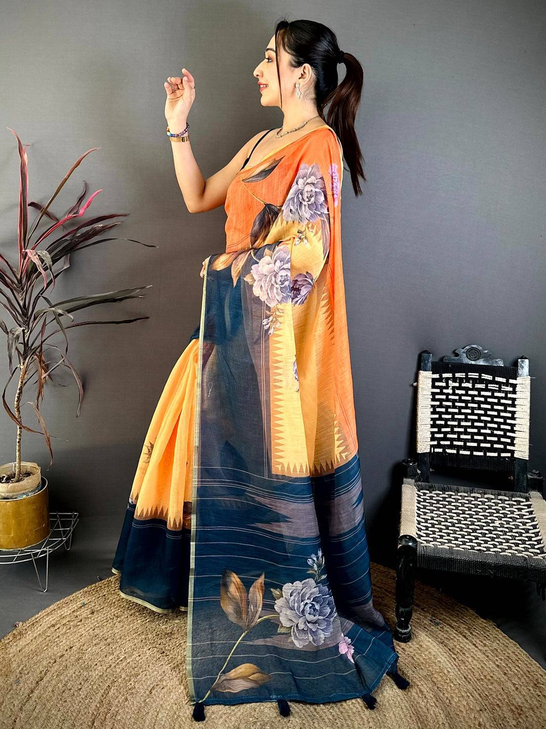 Royal Floral Linen Chanderi Saree