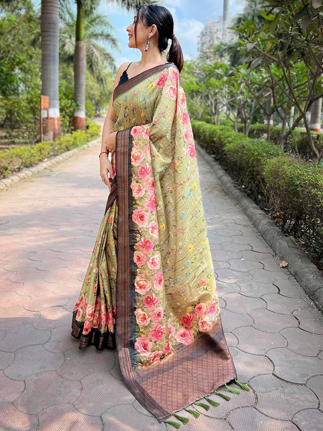 Pista Soft Silk Copper Zari Weaving Digital Floral Saree