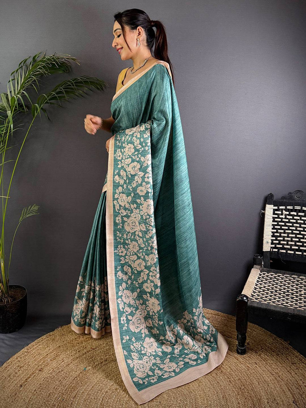 Teal Tussar Ghicha Silk Saree
