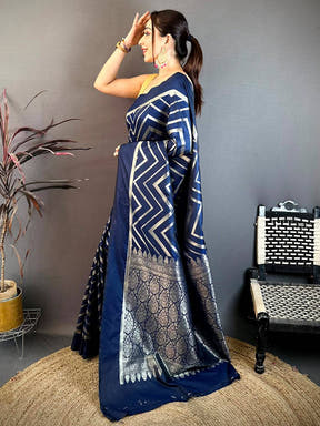 Navy Geometric Zari Weave Banarasi Saree