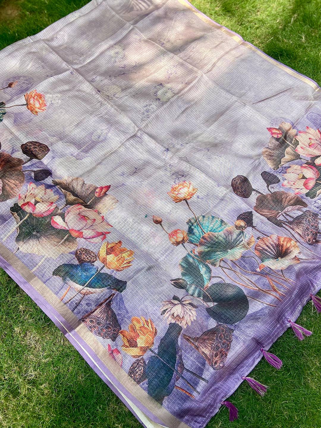 Soft Kota Doriya Silk Saree With Flower Prints & Rich Pallu