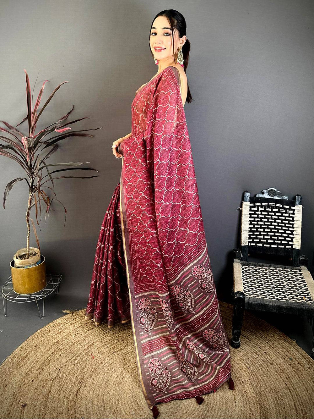 Wine Ajrakh Digital Print Kota Saree