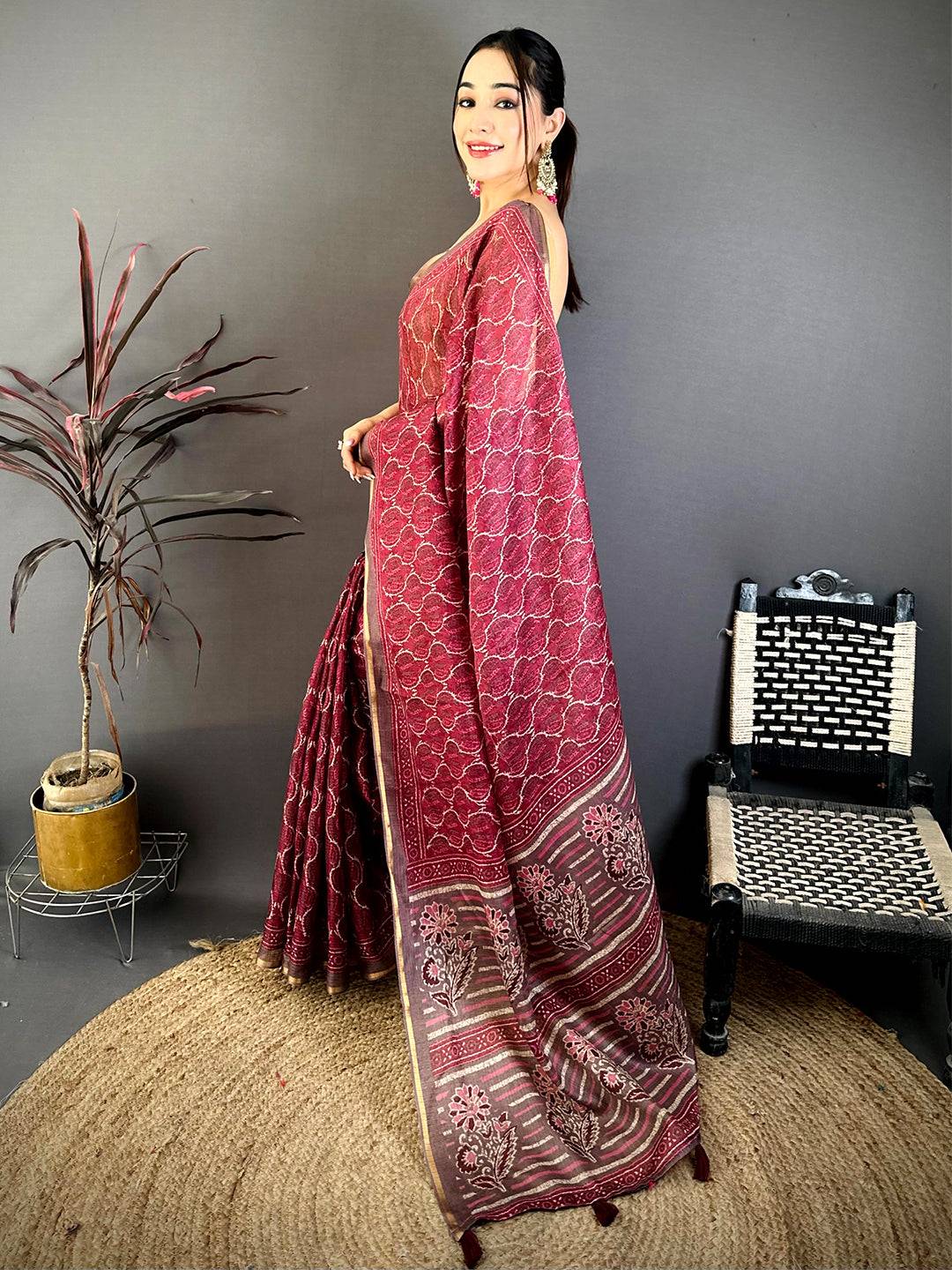 Wine Ajrakh Digital Print Kota Saree
