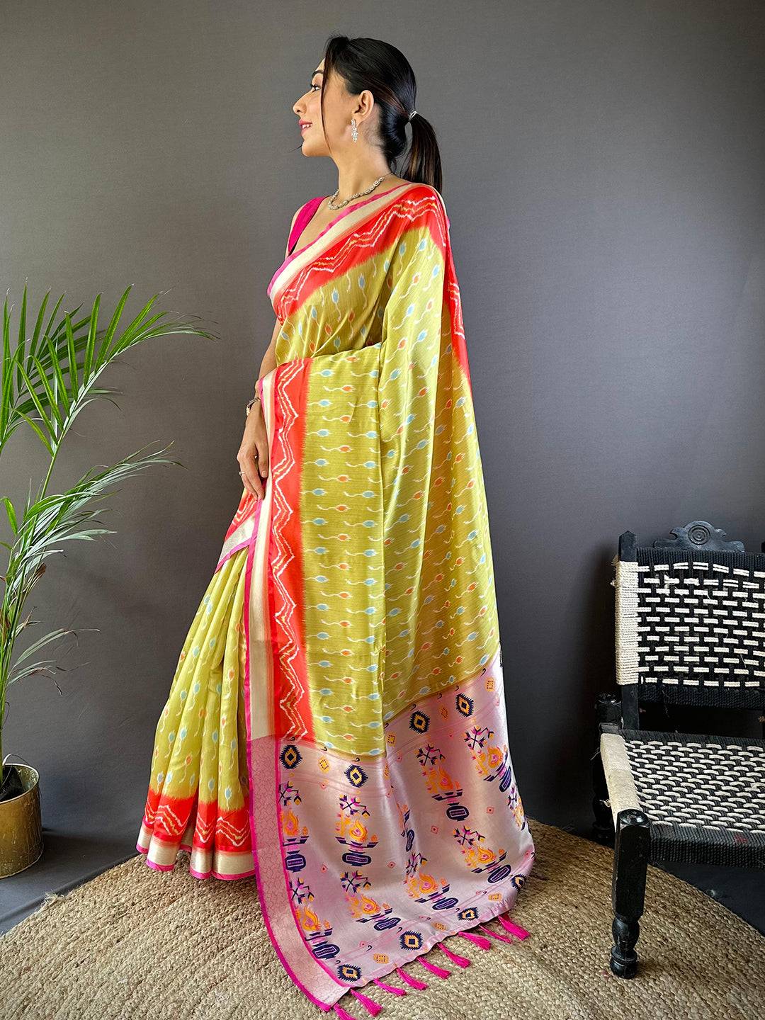 Pastel Yellow Ikkat Paithani Soft Silk Saree