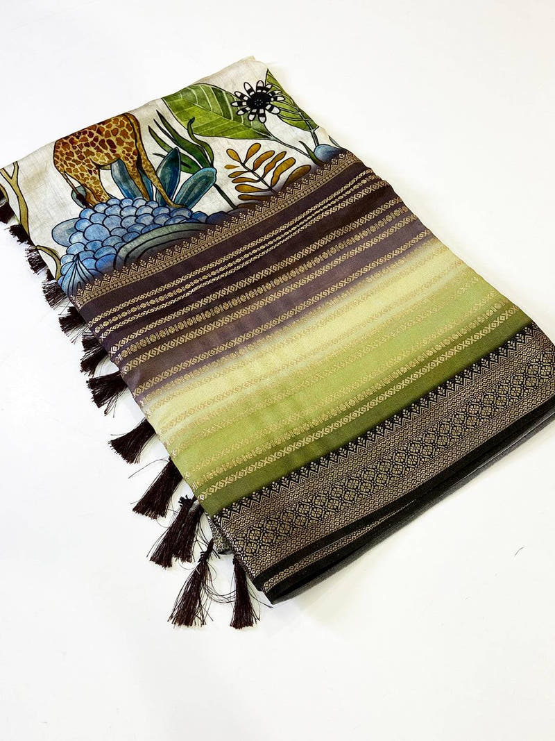 Stylish Soft Silk Kalamkari Zari Stripe Saree