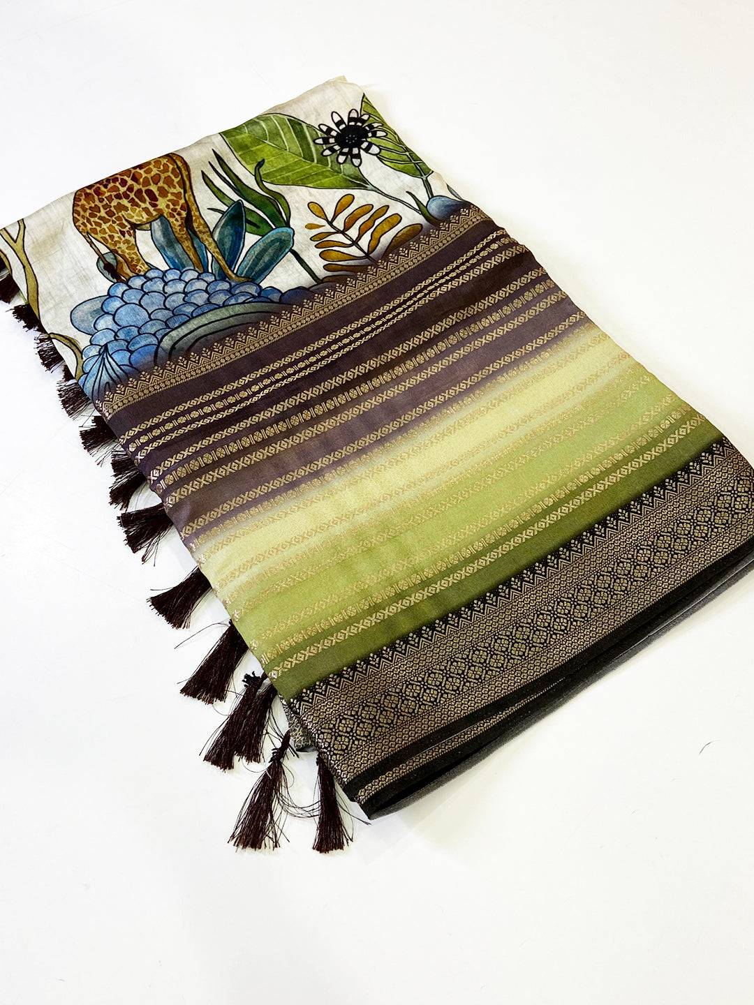 Stylish Soft Silk Kalamkari Zari Stripe Saree