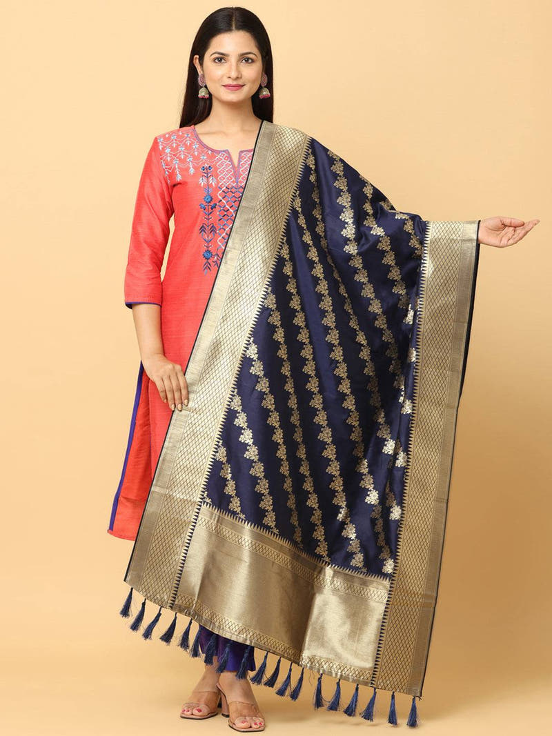 Navy woven design dupatta with resham tassels