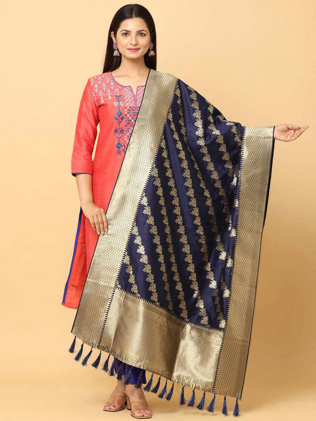Navy woven design dupatta with resham tassels