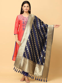 Navy woven design dupatta with resham tassels