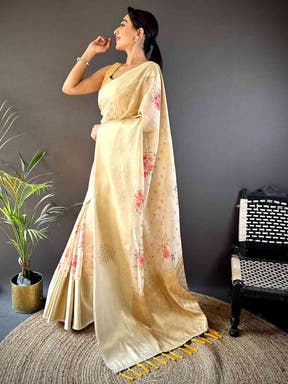 Elegant White Floral Kota Doriya Saree