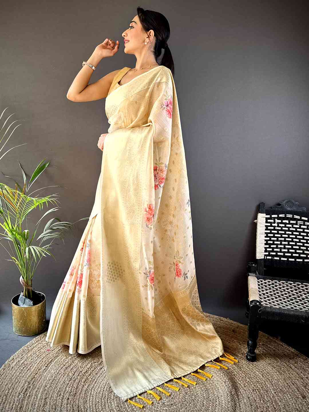 Elegant White Floral Kota Doriya Saree