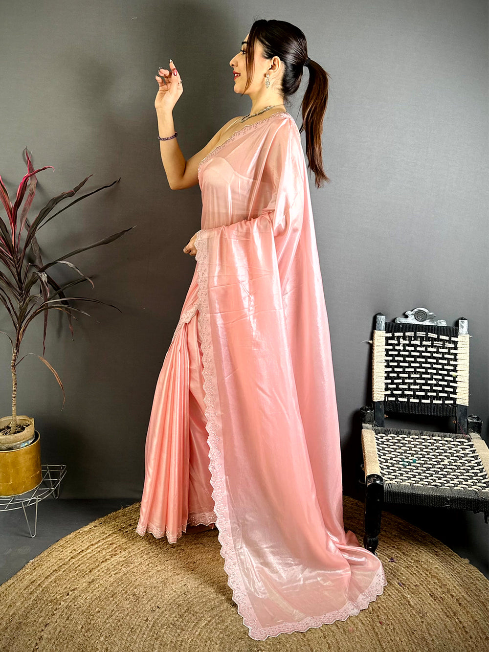 Artistic Silver Glass Swarovski Silk Saree