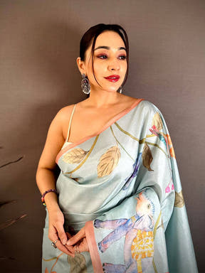 Sky Blue Tussar Floral Water Block Saree
