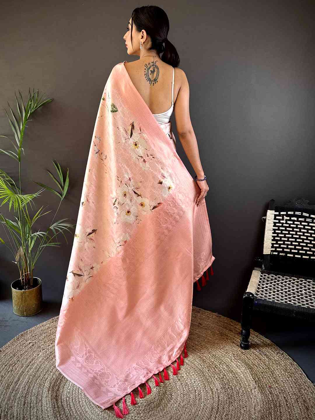 Pastel Peach Kanjivaram Digital Silk Saree