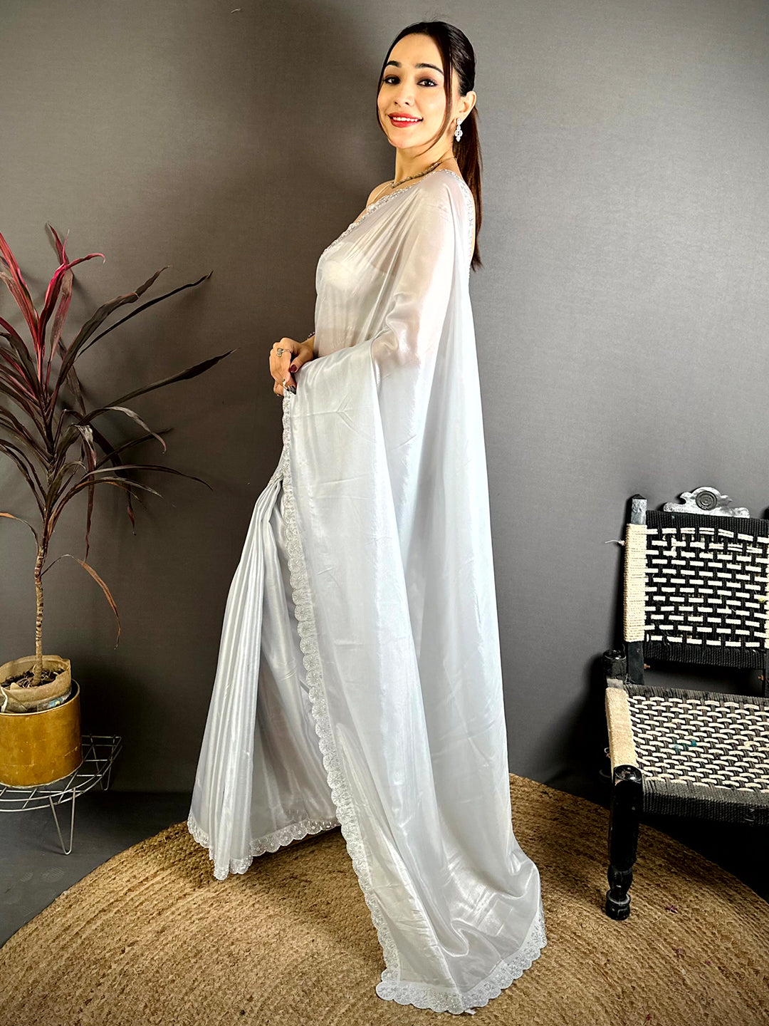 Opulent Silver Glass Swarovski Silk Saree