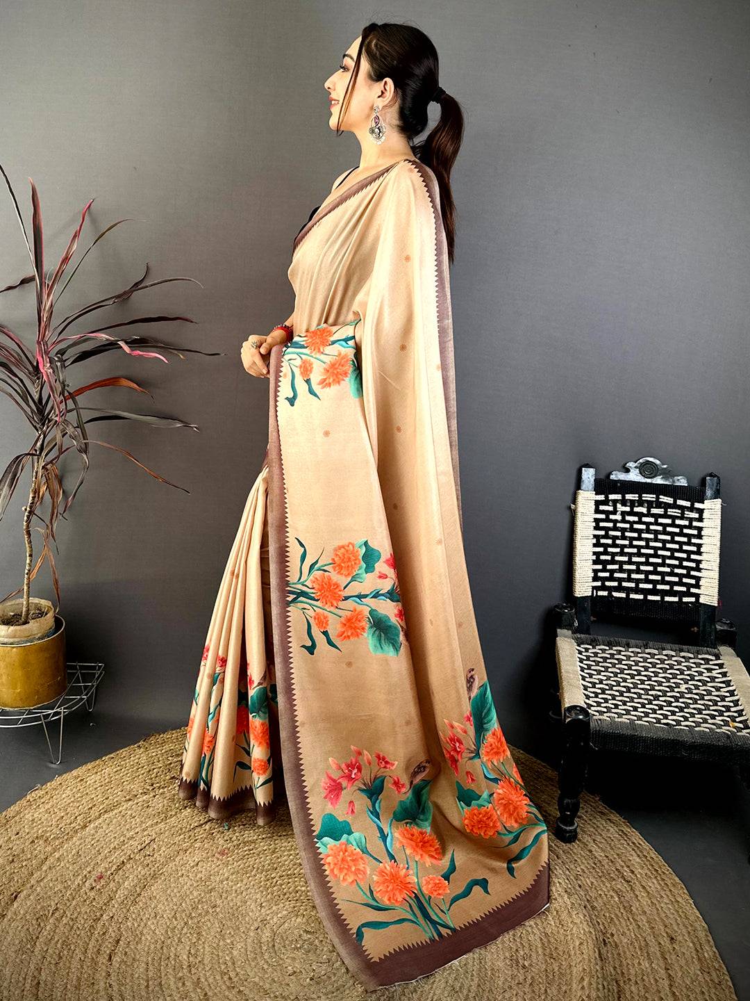 Stylish Beige Tussar Floral Print Saree

