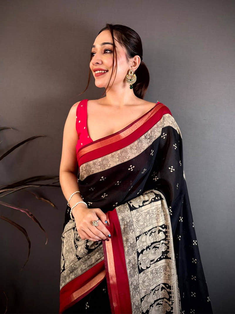 Black Mul Cotton Kalamkari Block Print Saree