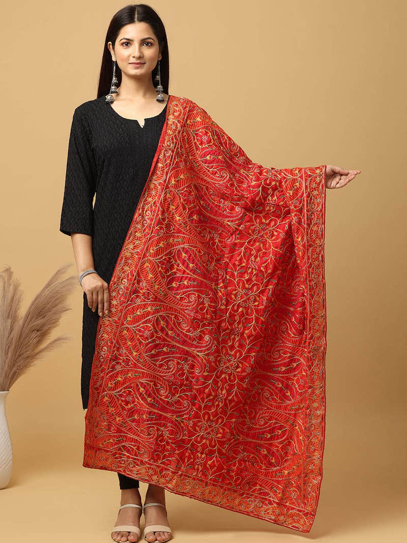 Red Orange Paisley Jaal Pashmina Dupatta