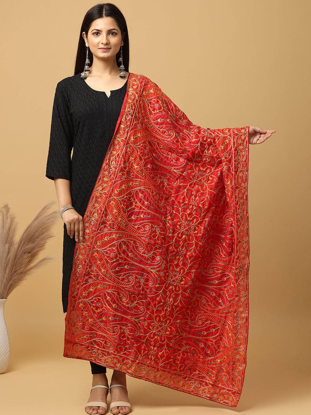 Red poly chiffon dupatta with pashmina threadwork, front view