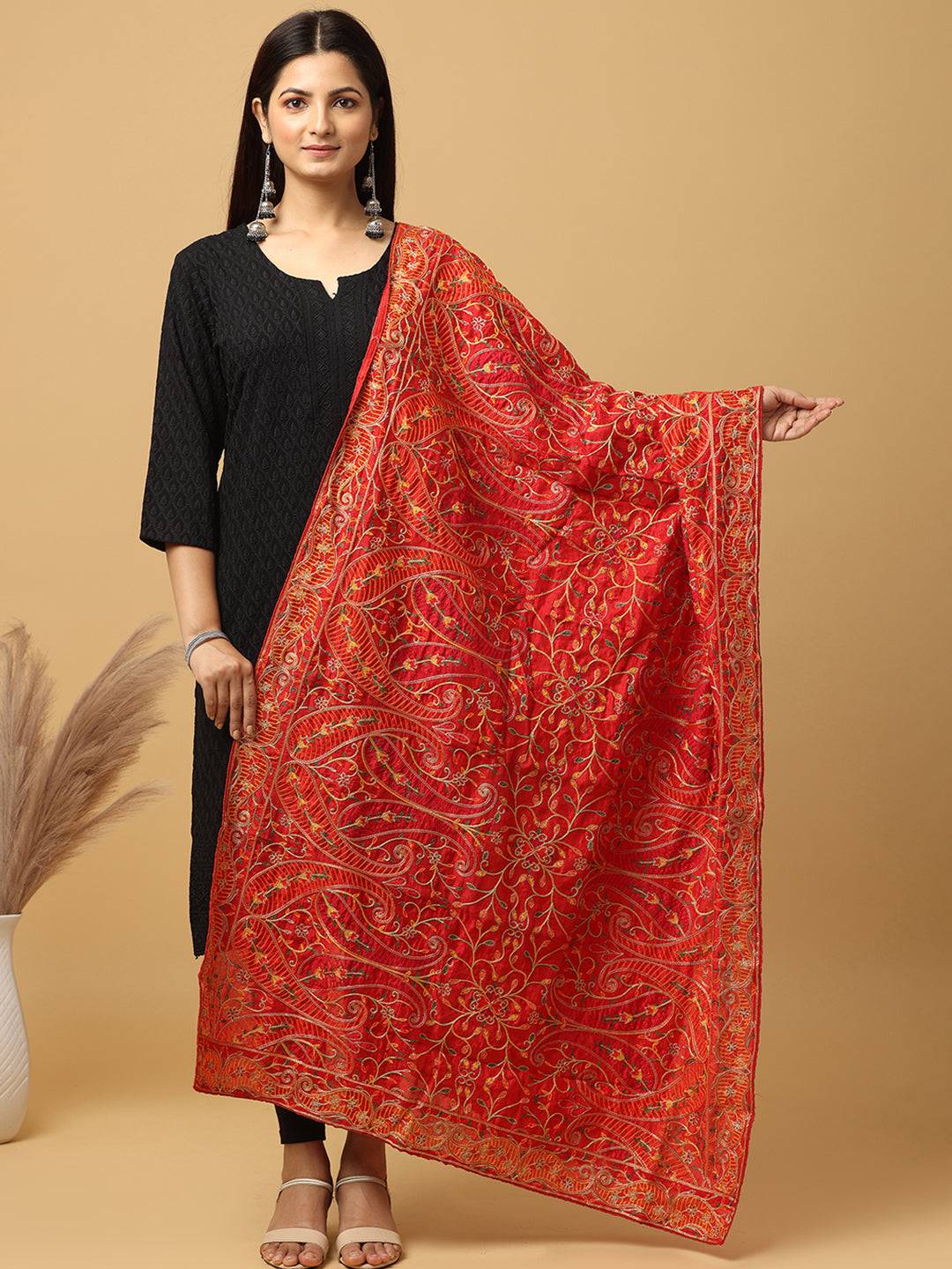 Poly Chiffon Red Colour Pashmina Threadwork Dupatta