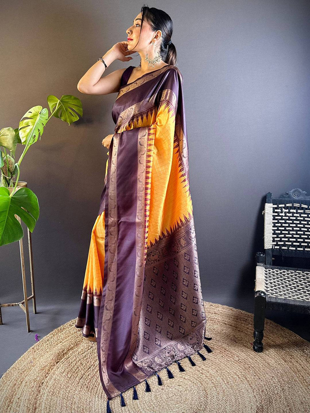Yellow Rettapet Zari Chex Banarasi Silk Saree