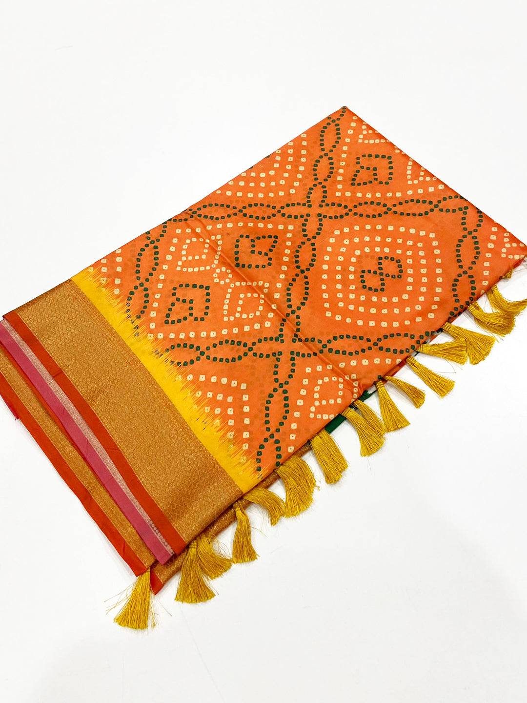 Bright Orange Bandhej Printed Banarasi Saree