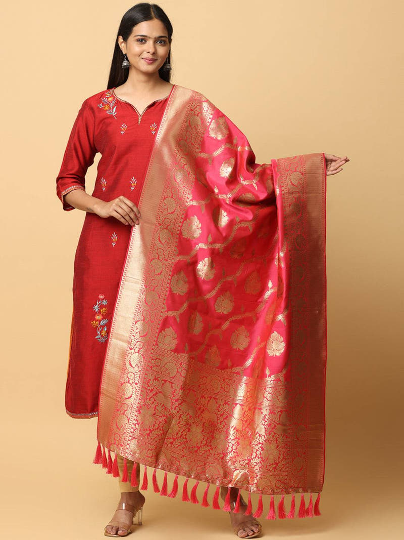 Gajari silk blend dupatta with woven design and resham tassels