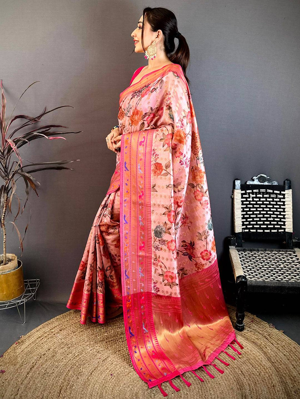Pastel Pink Paithani Border Kora Tissue Saree