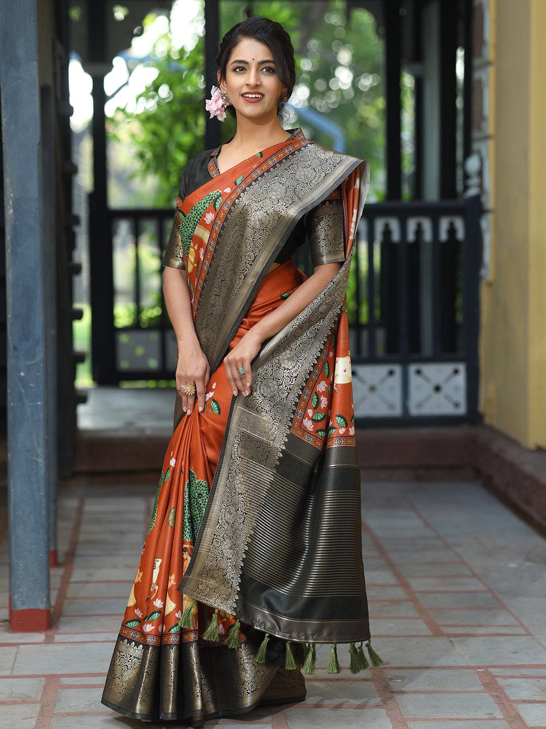 Pichwai Print Zari Weaving Pallu Saree In Brown Colour