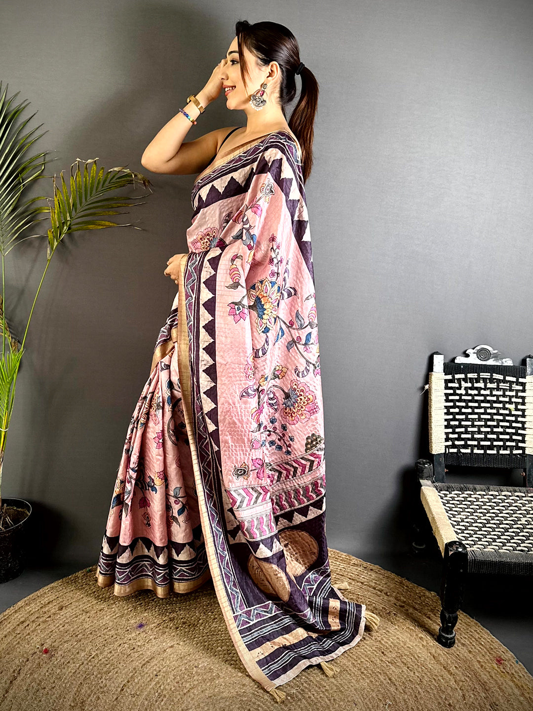 Opulent Ajrakh Kalamkari Tussar Saree


