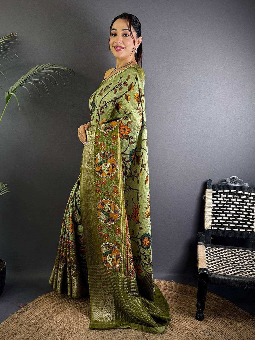 Light Olive Pure Viscose Floral Printed Saree