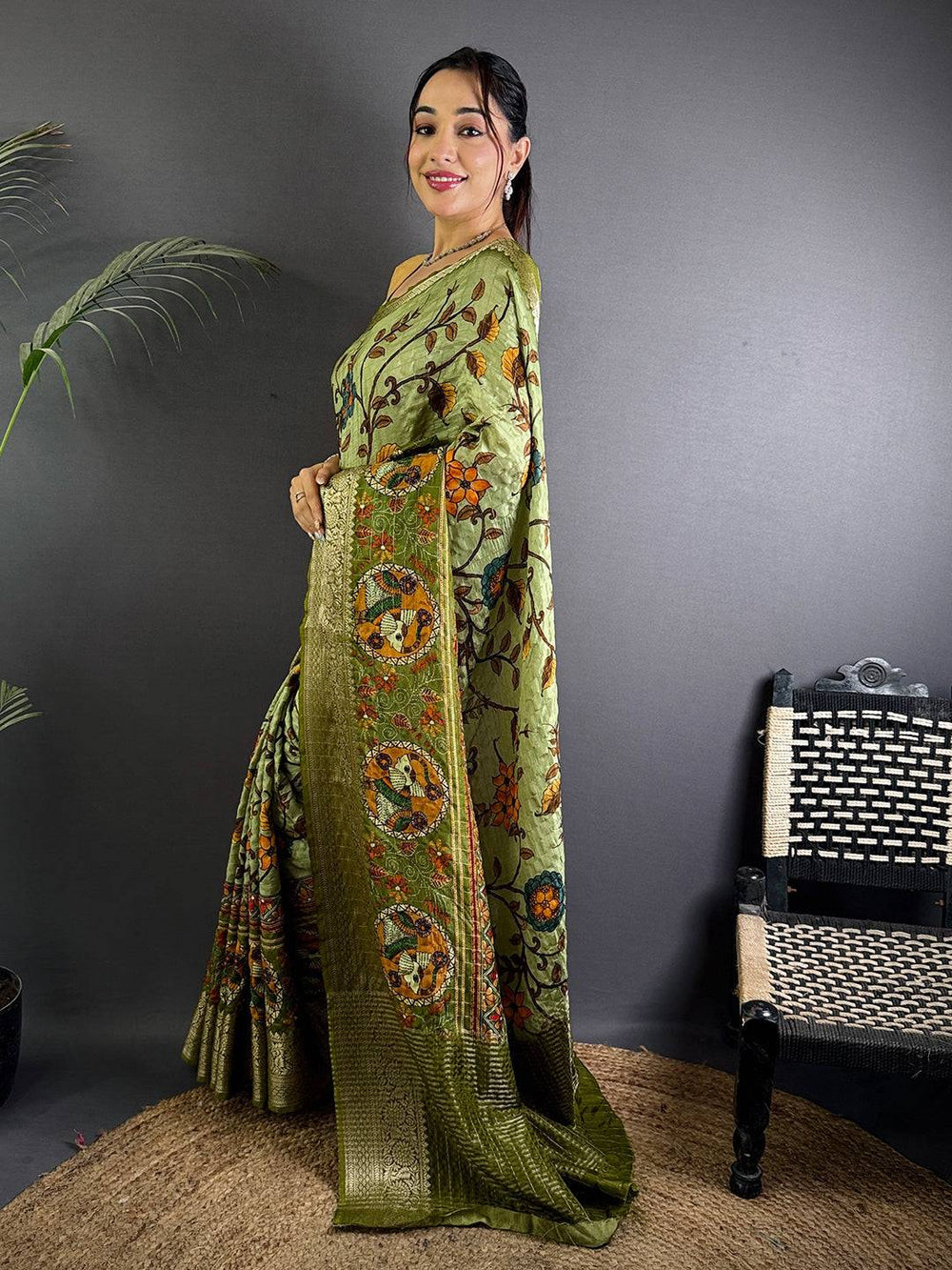 Light Olive Pure Viscose Floral Printed Saree