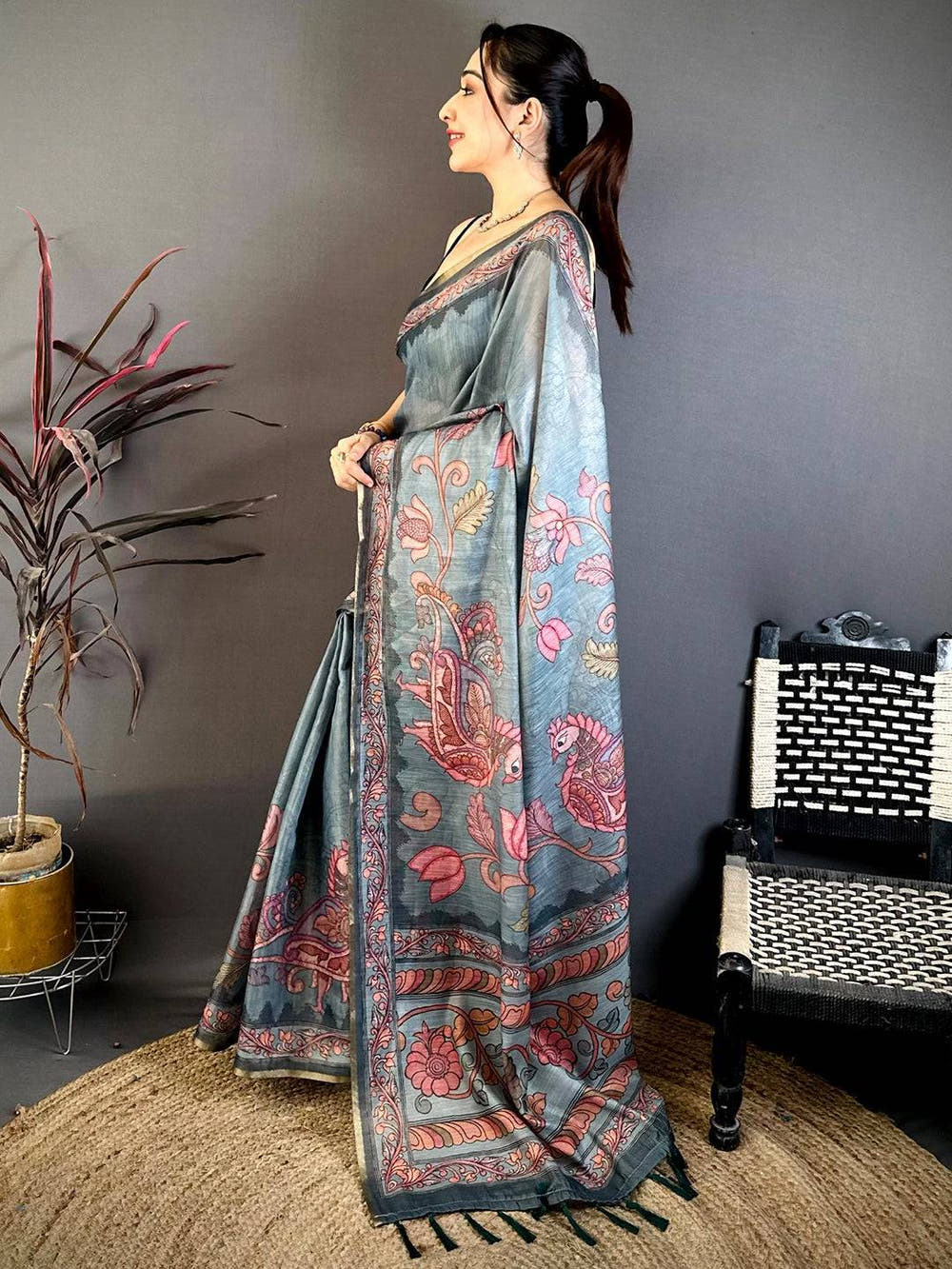 Slate Blue Vintage Pen Kalamkari Chanderi Saree