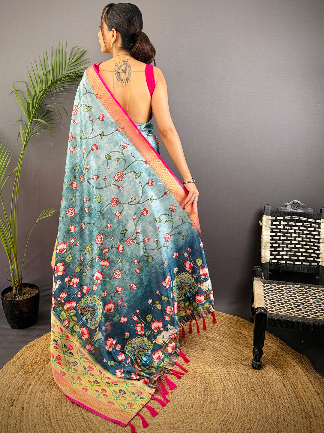 Teal Freehand Digital Print Soft Silk Saree