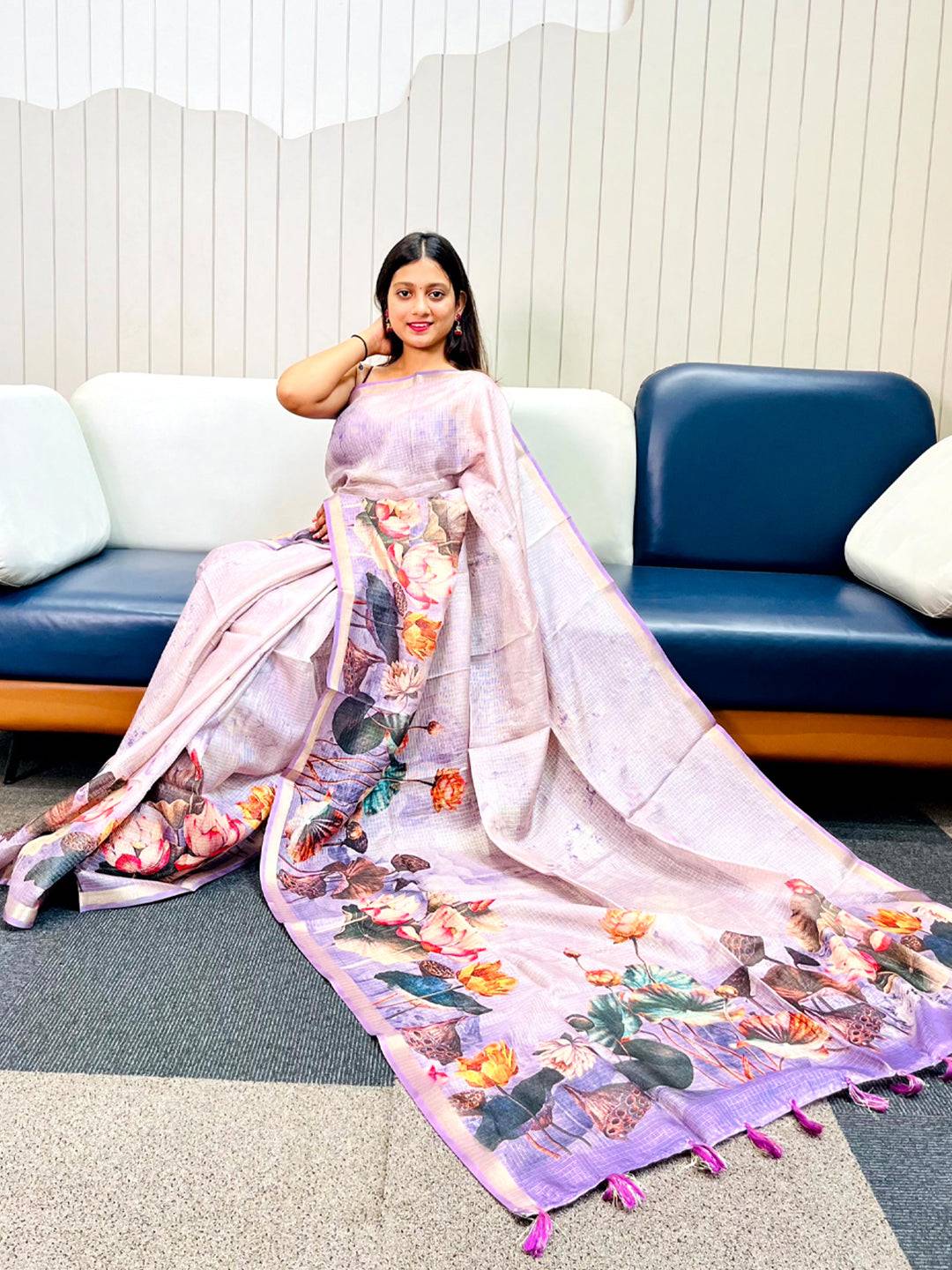 Violet Kota Doriya silk saree with floral print draped elegantly