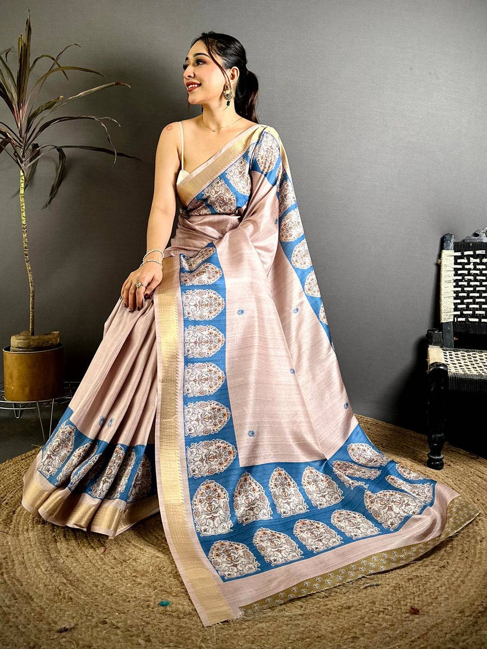 Elegant Tussar Slub Ghicha Ajrakh Saree