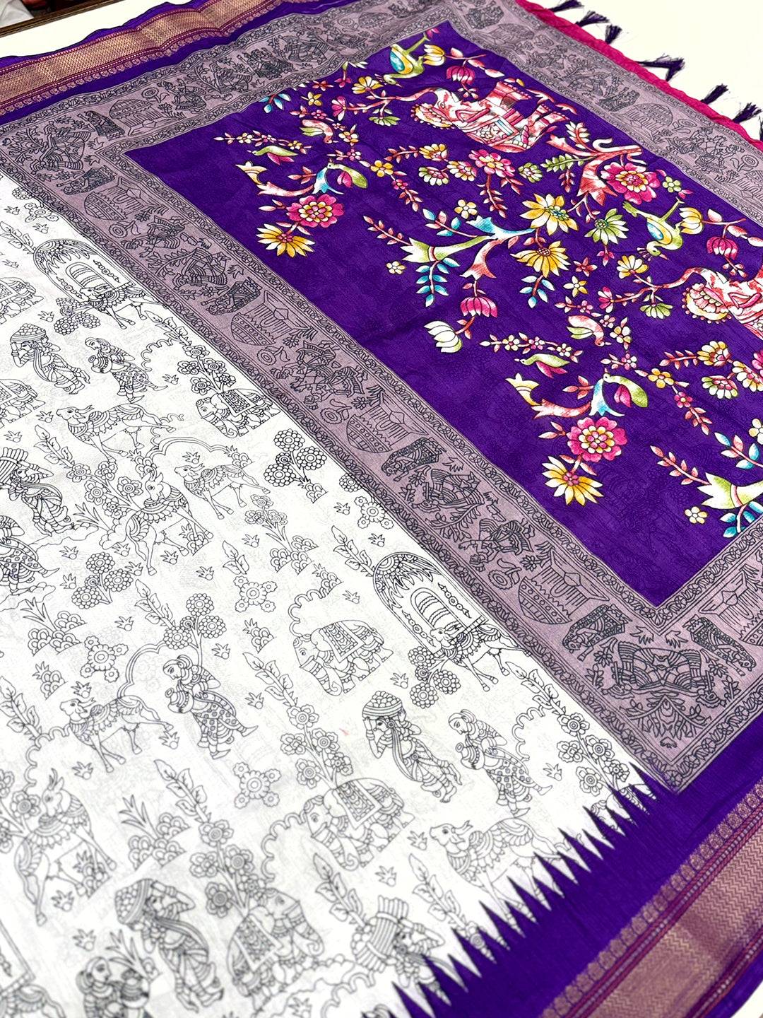 Graceful Pen Kalamkari Dola Silk Saree
