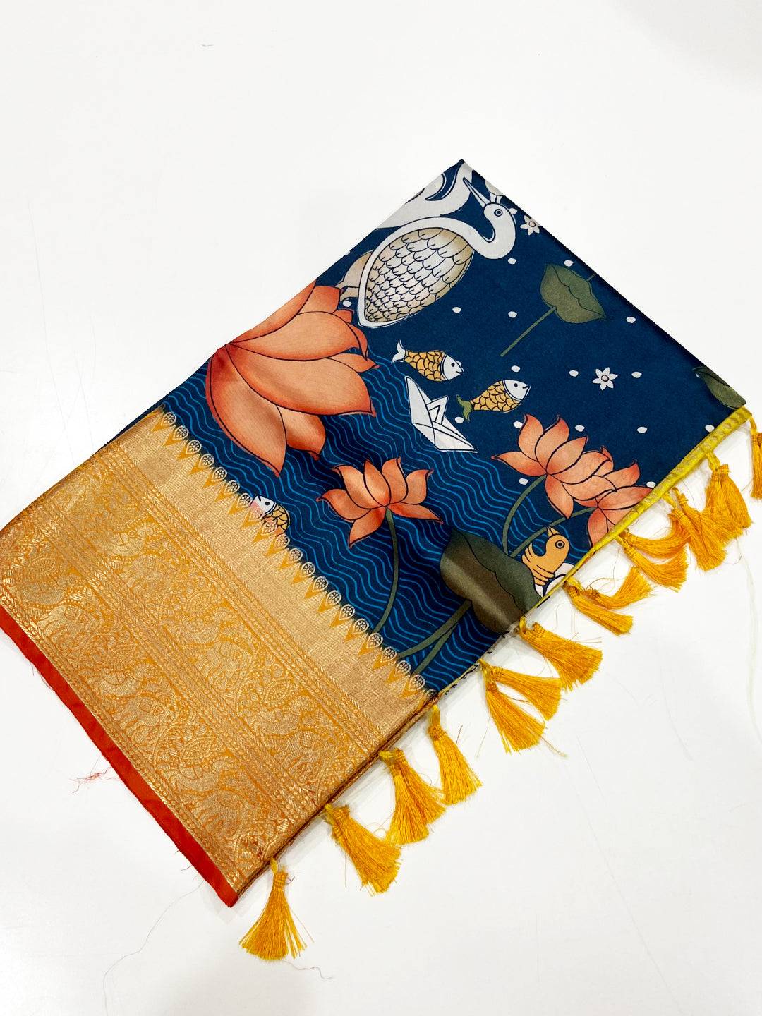 Navy Blue Floral Printed Banarasi Saree