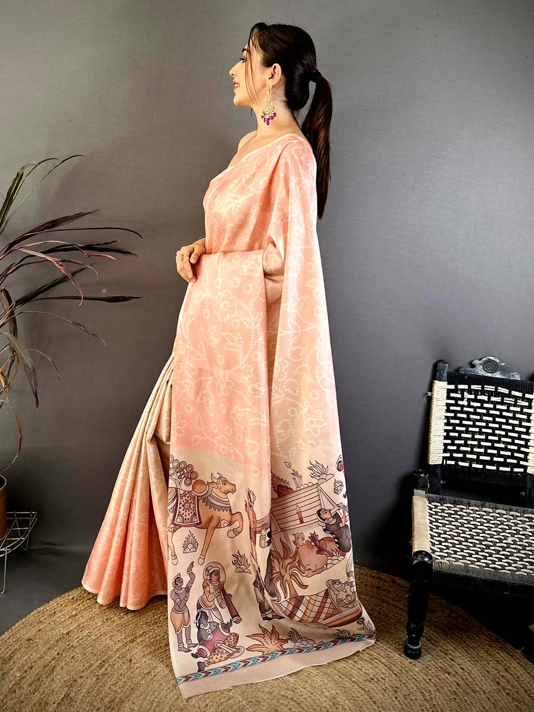 Peach Kalamkari Bandhej Chiffon Saree