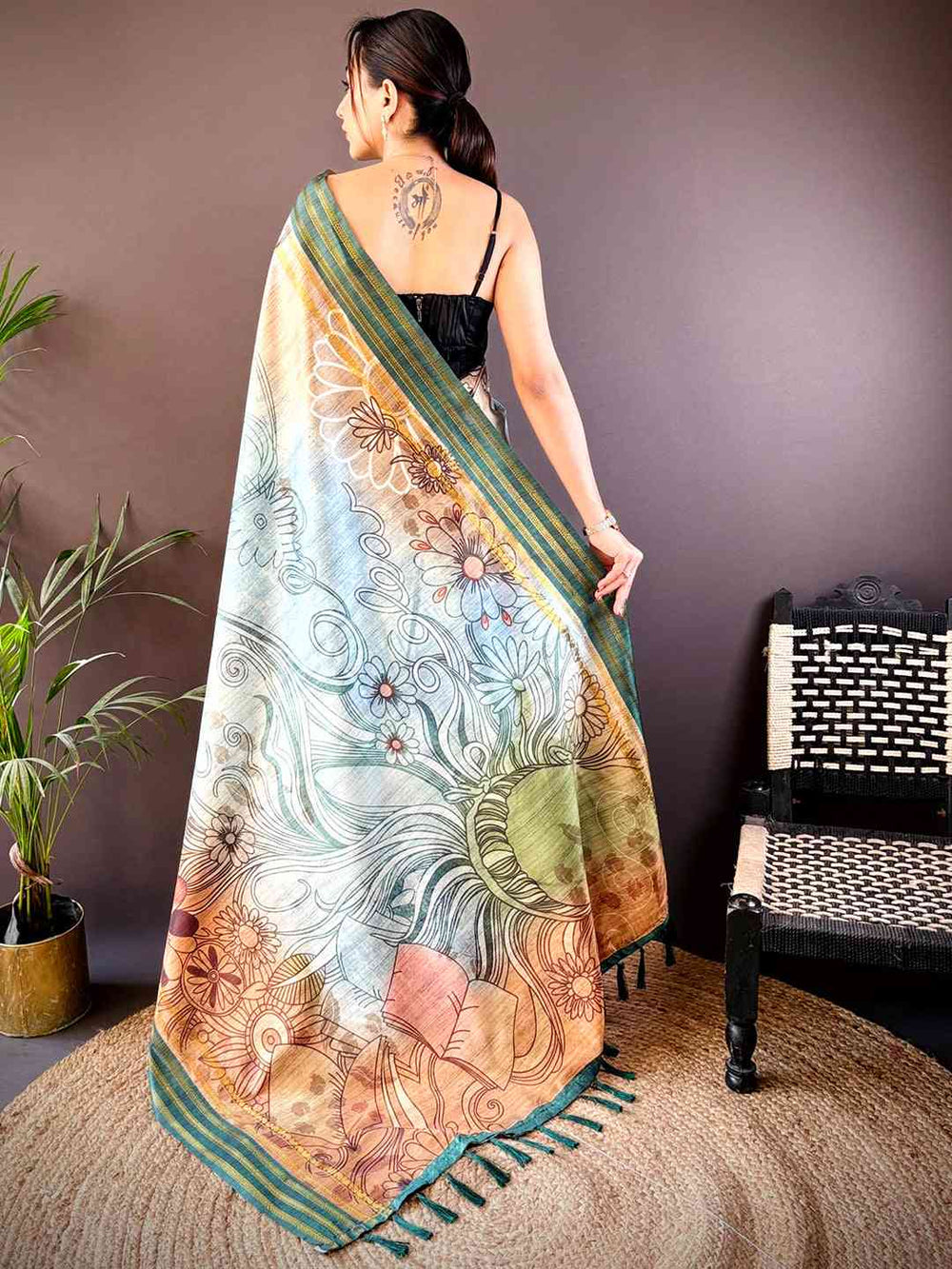 Teal Soft Silk Abstract Geometric Saree