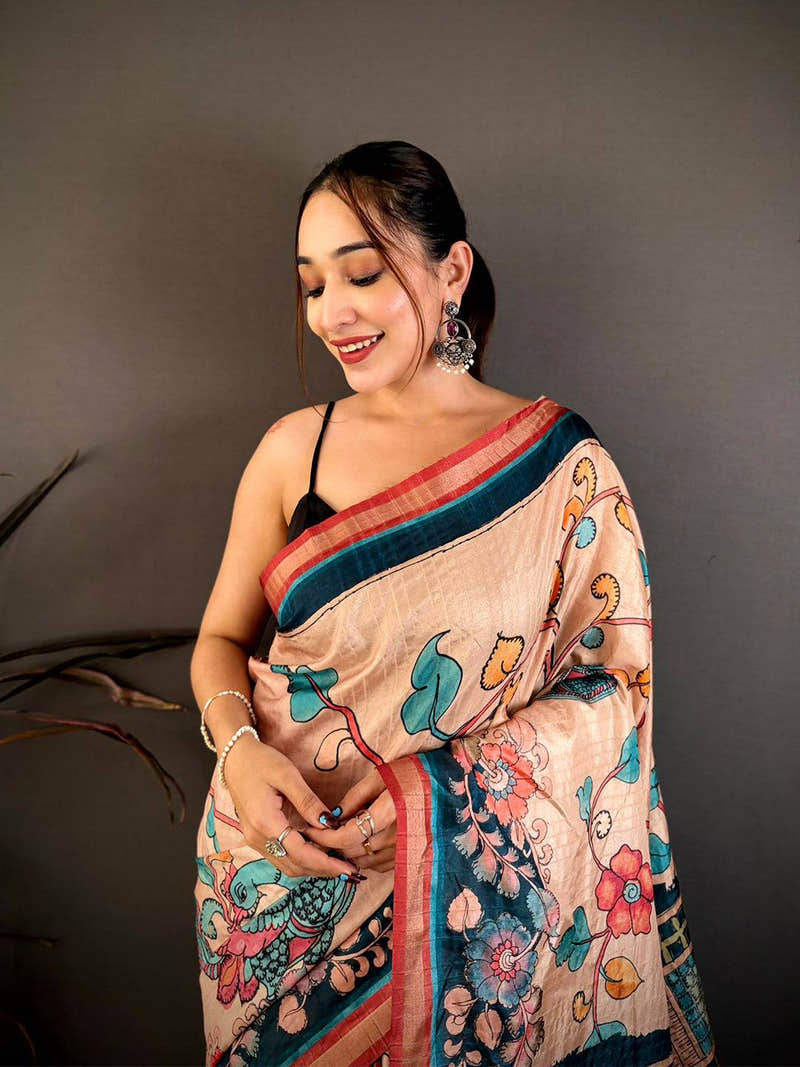 Classic Bright Pen Kalamkari Tussar Saree