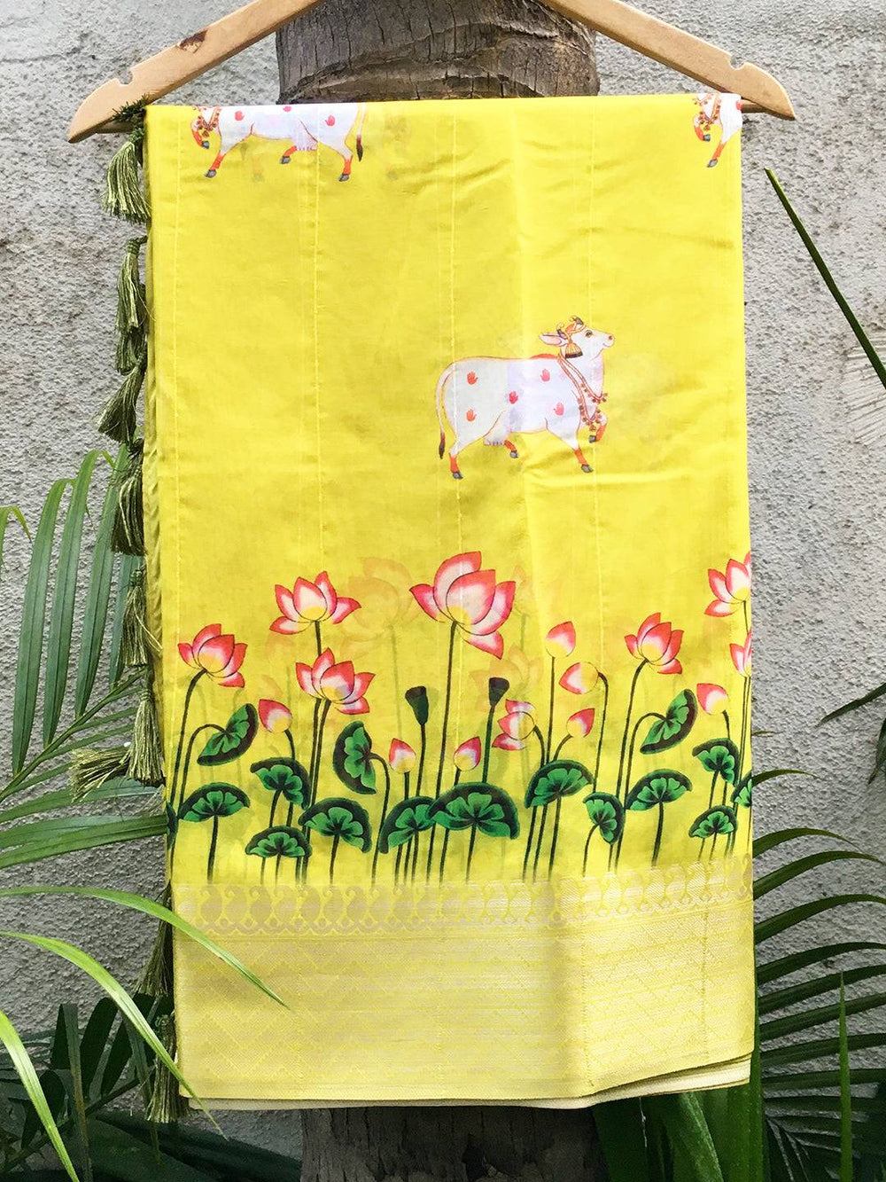 Lime Yellow Organza Pichwai Print Saree with floral and cow motifs