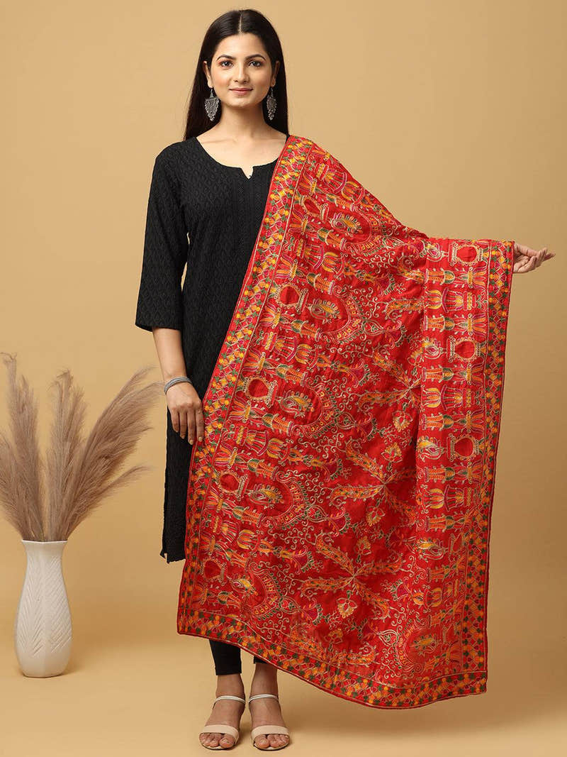Red Dense Multicolour Floral Pashmina Dupatta