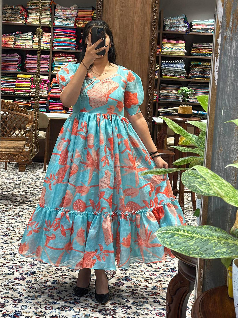 Sea Blue Floral Print Dress with puff sleeves