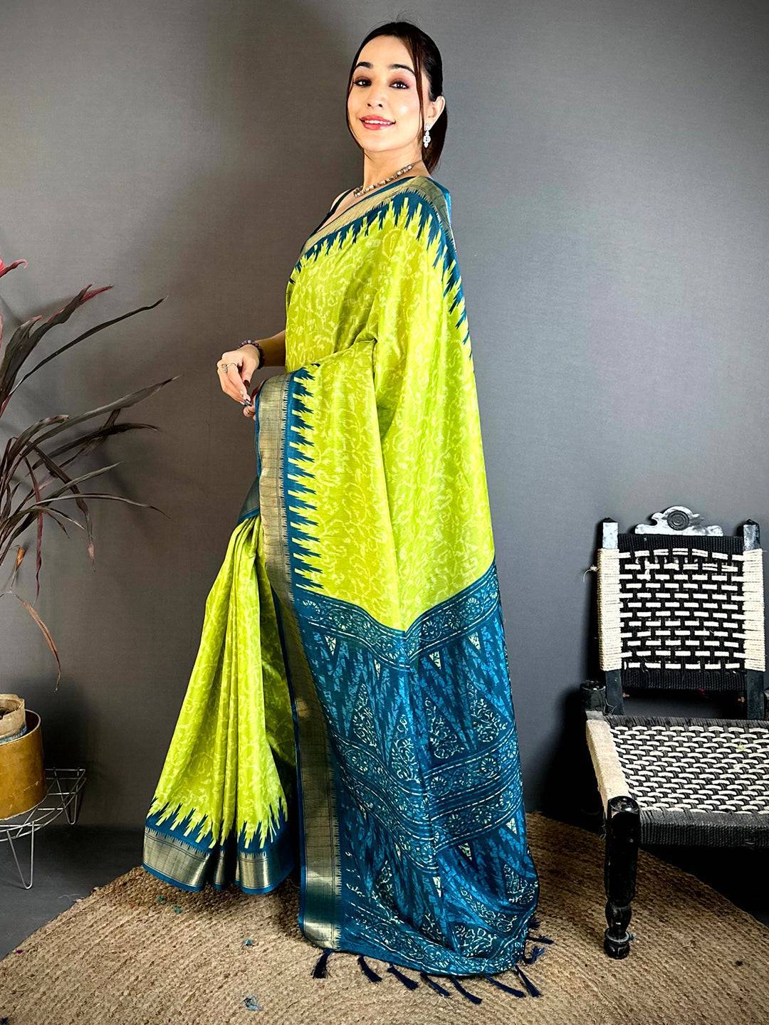 Lime Green Pearl Ikkat Dola Silk Saree
