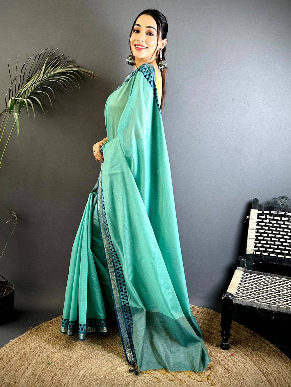Pure Sky Blue Cotton Linen Saree