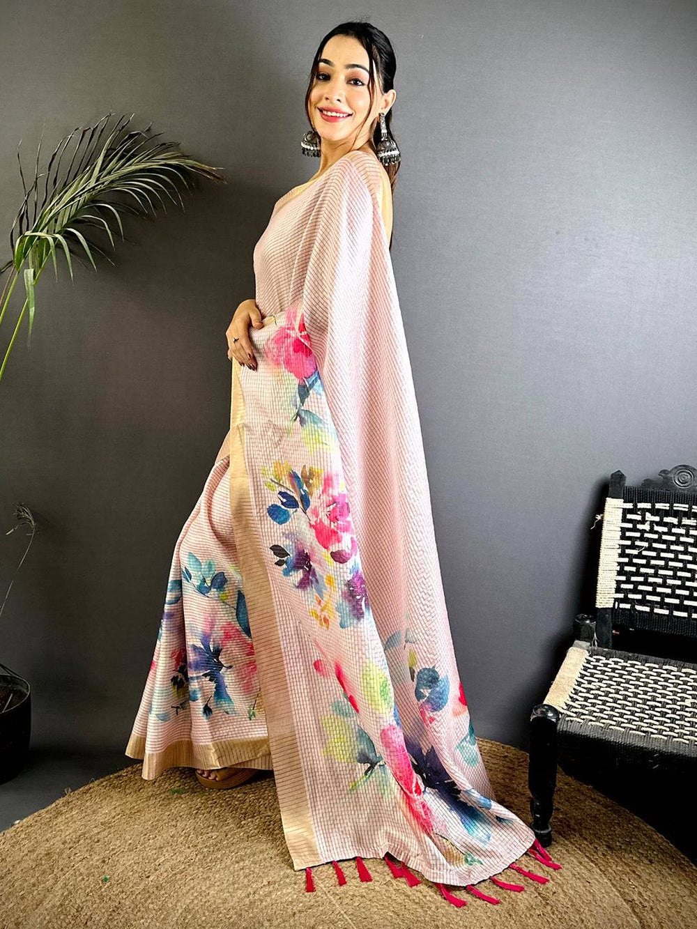 Pink Bloom Tussar Black Chex Saree