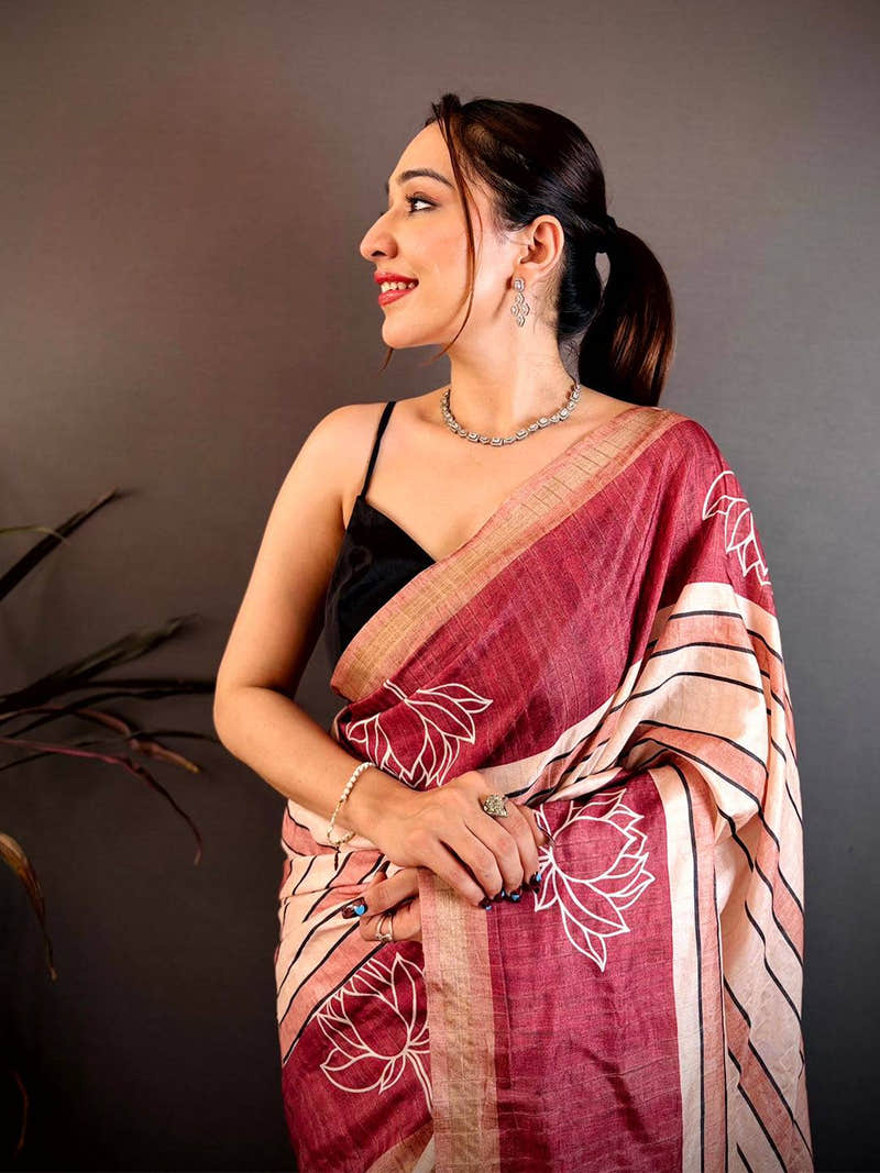 Lotus Print Ghicha Weaving Tussar Saree
