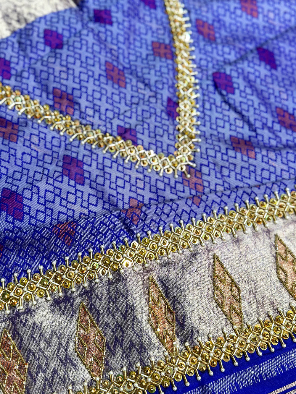 Blue Double Ikkat Heritage Saree With Maggam Blouse